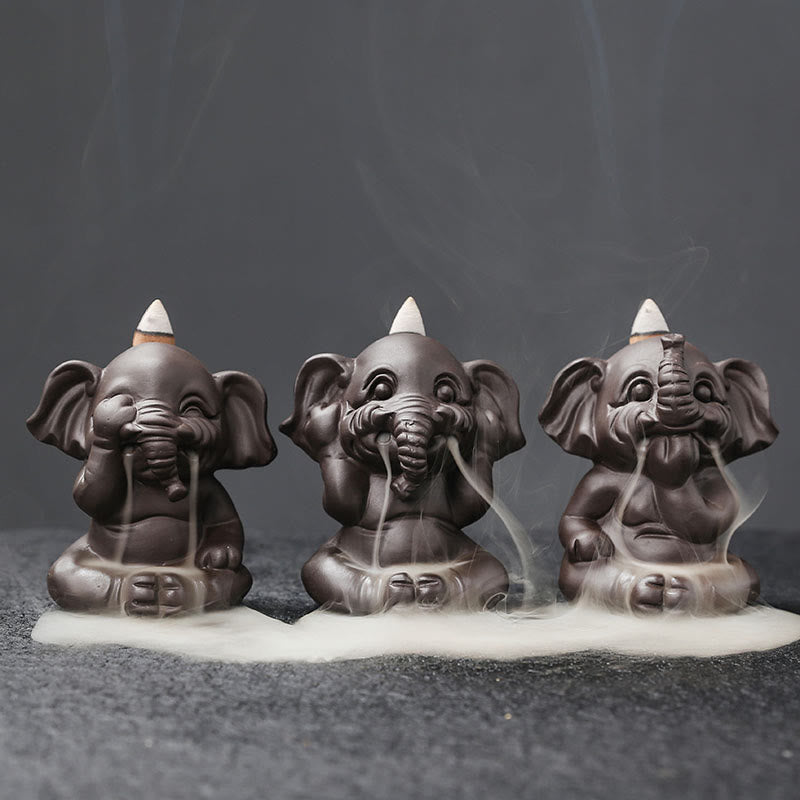 Quemador de incienso con reflujo de arcilla morada, diseño de elefante, Buddha Stones , para sanación y paz - Juego de 3 elefantes - image 0