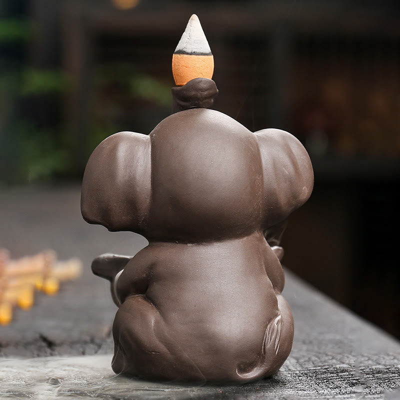 Quemador de incienso curativo con fuente de humo de reflujo de arcilla morada con diseño de elefante pequeño sosteniendo una Buddha Stones - image 4