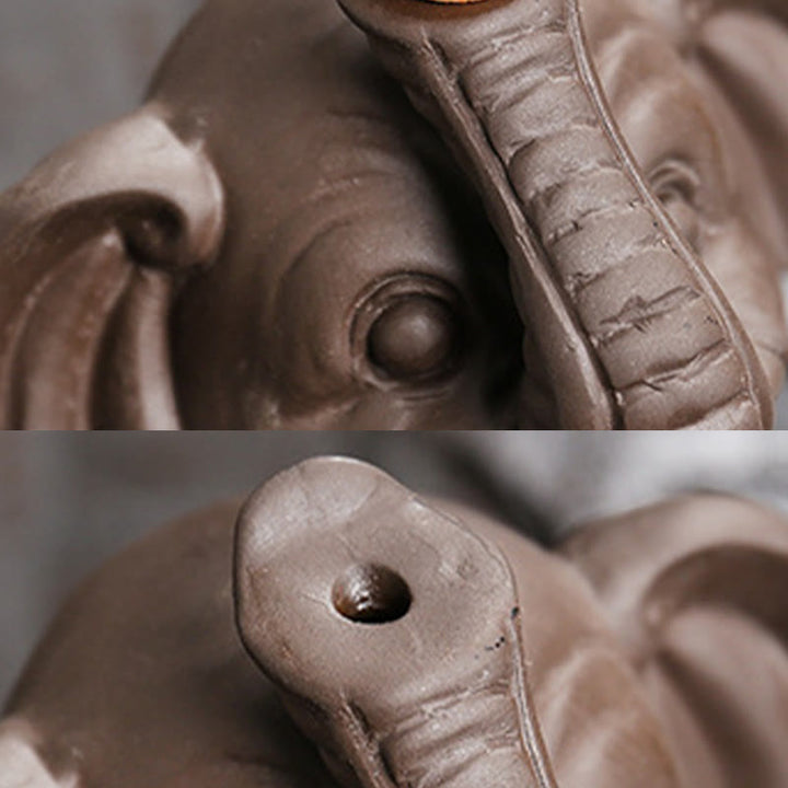 Quemador de incienso curativo con fuente de humo de reflujo de arcilla morada con diseño de elefante pequeño sosteniendo una Buddha Stones - image 14