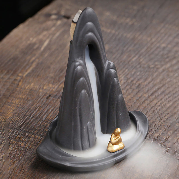 Quemador de incienso de cerámica con reflujo curativo de arcilla morada con Buddha Stones, montañas de Monje Pequeño, agua que fluye - image 3