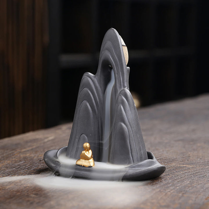 Quemador de incienso de cerámica con reflujo curativo de arcilla morada con Buddha Stones, montañas de Monje Pequeño, agua que fluye - image 1