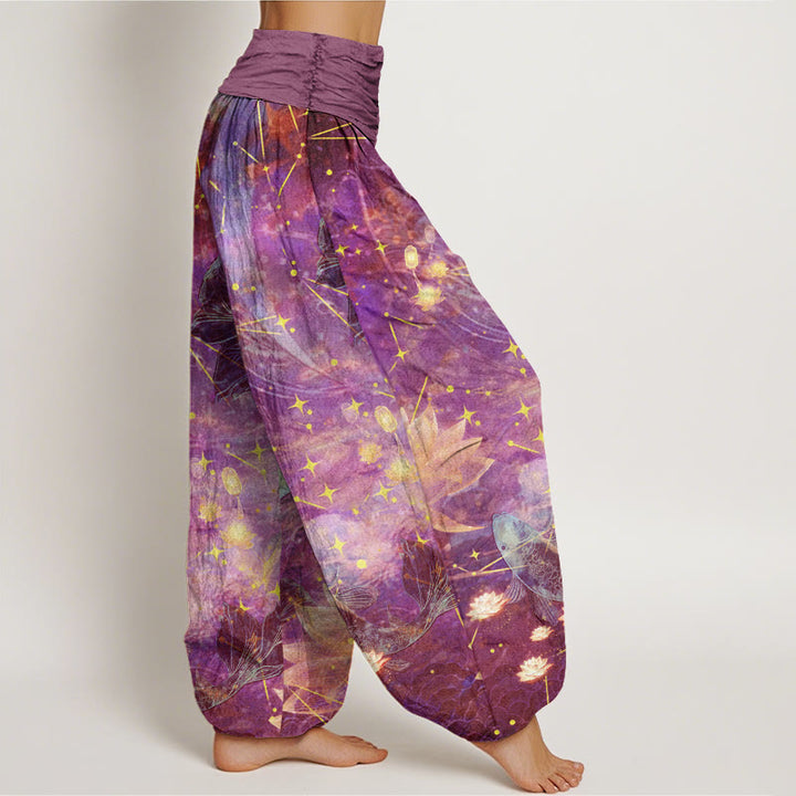 Pantalones bombachos de cintura elástica para mujer con estampado de Buddha Stones, peces koi, loto, luna y estrellas, de algodón. - image 5