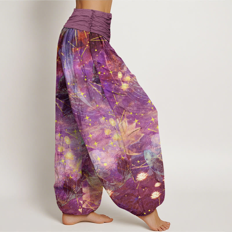 Pantalones harén con cintura elástica para mujer con estampado de estrellas, luna, loto y peces koi y piedras de Buddha Stones - image 6