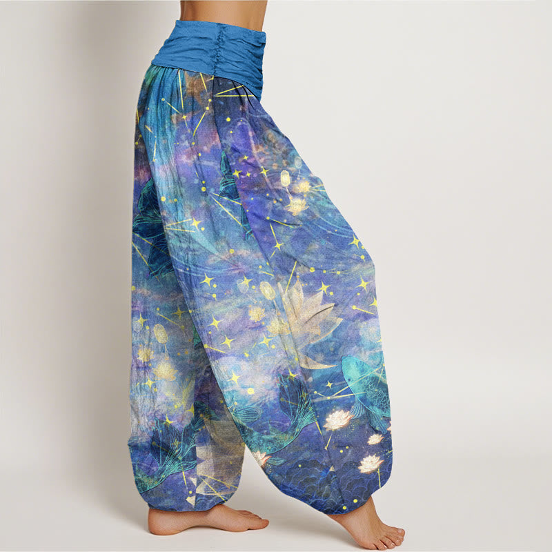Pantalones harén con cintura elástica para mujer con estampado de estrellas, luna, loto y peces koi y piedras de Buddha Stones - image 2