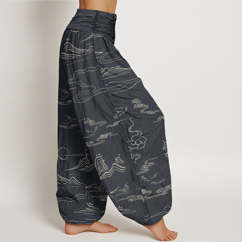 Pantalones bombachos de cintura elástica para mujer con estampado de Buddha Stones, montaña, luna y nubes auspiciosas. - image 1