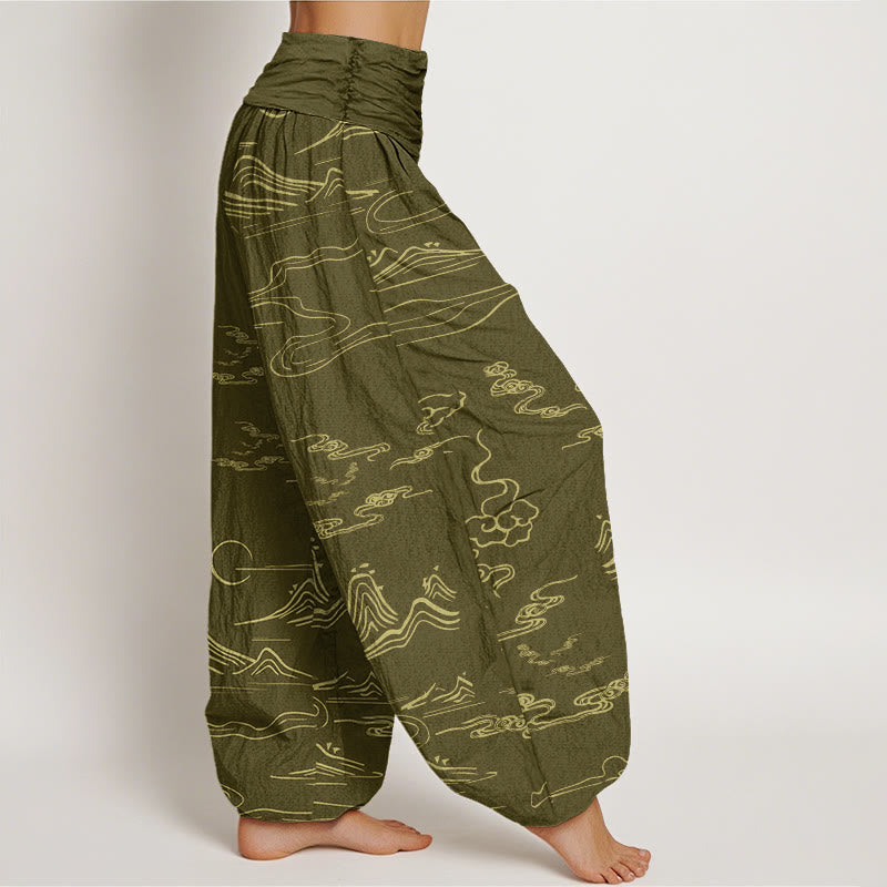 Pantalones bombachos de cintura elástica para mujer con estampado de Buddha Stones, montaña, luna y nubes auspiciosas. - image 11