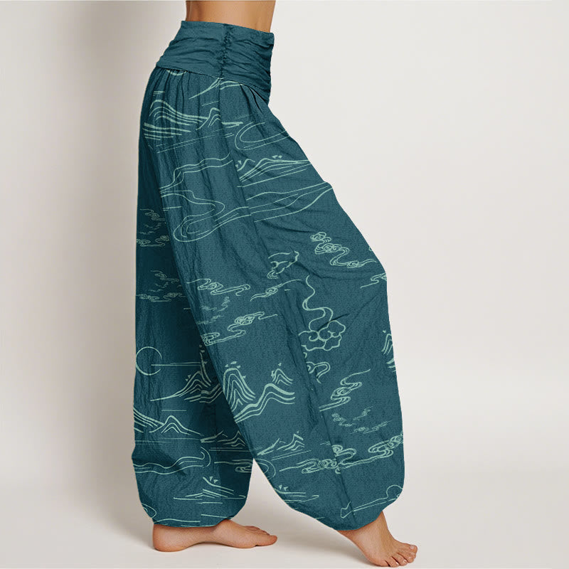 Pantalones bombachos de cintura elástica para mujer con estampado de Buddha Stones, montaña, luna y nubes auspiciosas. - image 14