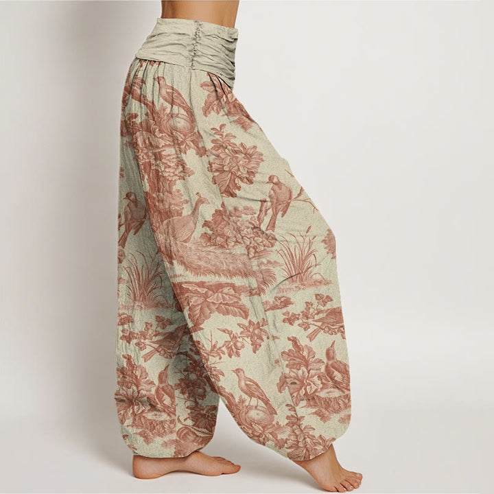 Pantalones harén con cintura elástica para mujer con estampado de ramas de árboles, pájaros y piedras de Buddha Stones - image 3