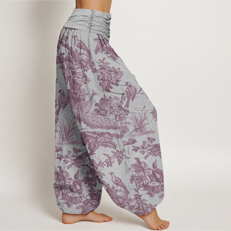 Pantalones bombachos de cintura elástica para mujer con estampado de Buddha Stones, pájaros, árboles y ramas de algodón. - image 7