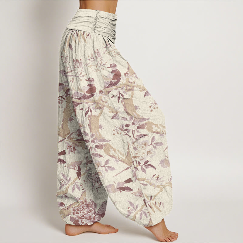 Pantalones bombachos de cintura elástica para mujer con estampado de Buddha Stones, pájaros, ramas y flores de algodón. - image 6