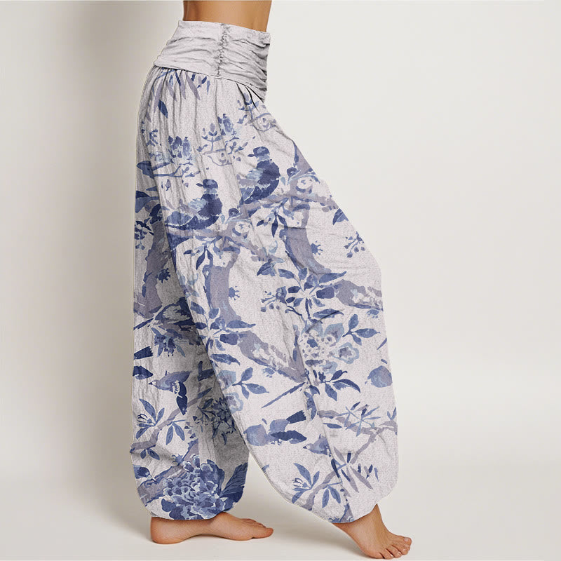 Pantalones bombachos de cintura elástica para mujer con estampado de Buddha Stones, pájaros, ramas y flores de algodón. - image 7