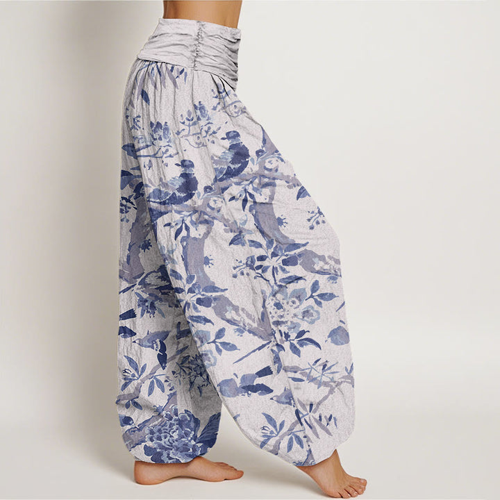 Pantalones bombachos de cintura elástica para mujer con estampado de Buddha Stones, pájaros, ramas y flores de algodón. - image 7