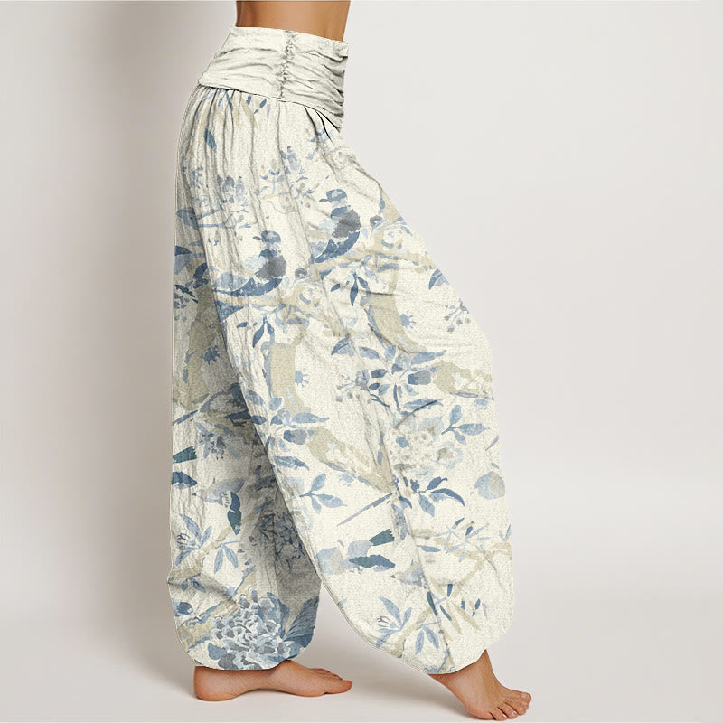 Pantalones bombachos de cintura elástica para mujer con estampado de Buddha Stones, pájaros, ramas y flores de algodón. - image 2