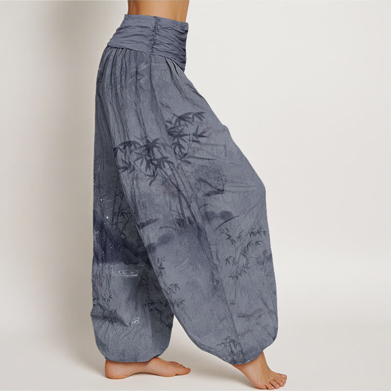 Pantalones harén con cintura elástica para mujer, informales, con pintura de tinta de roca de bambú y Buddha Stones - image 1