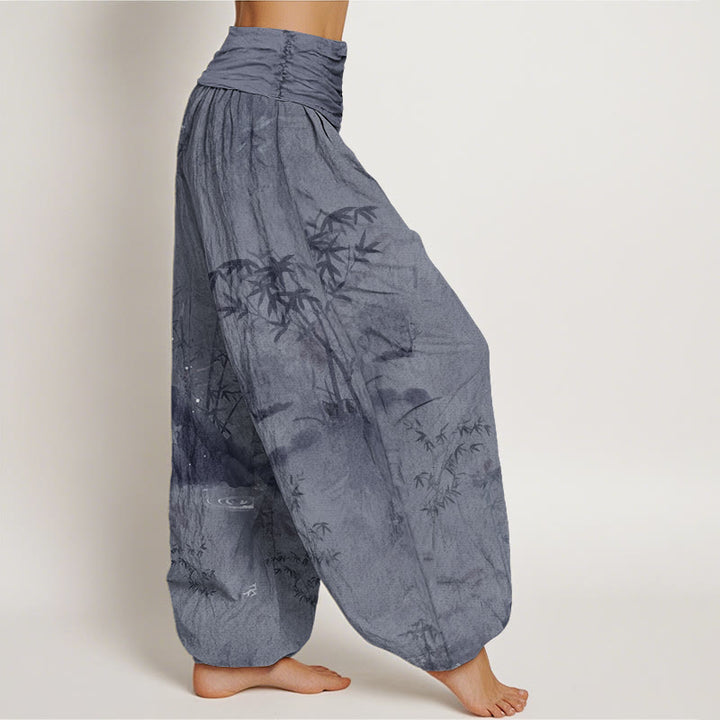 Pantalones harén con cintura elástica para mujer, informales, con pintura de tinta de roca de bambú y Buddha Stones - image 1
