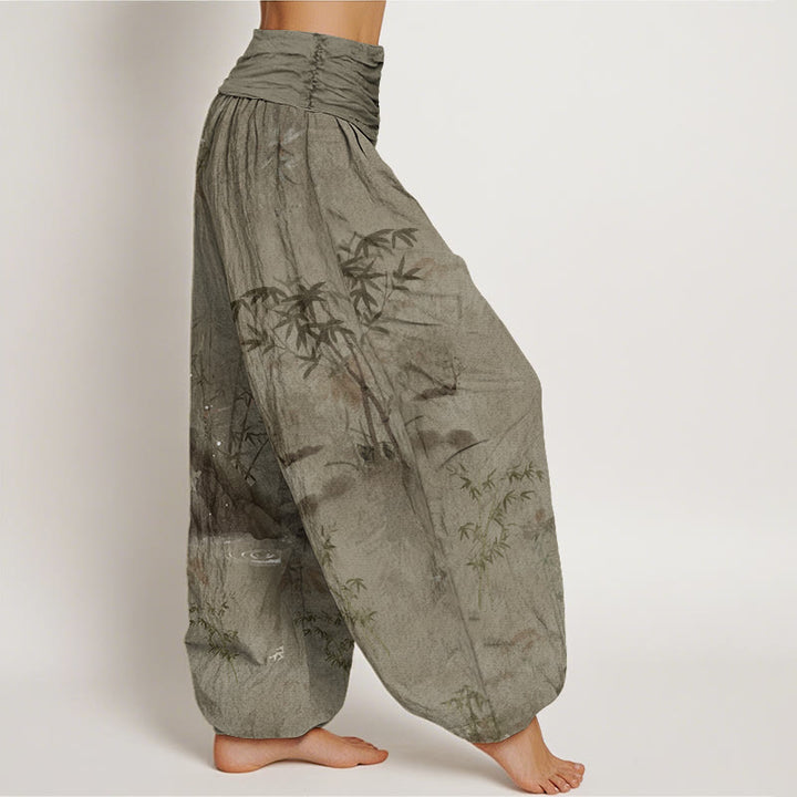 Pantalones harén con cintura elástica para mujer, informales, con pintura de tinta de roca de bambú y Buddha Stones - image 5