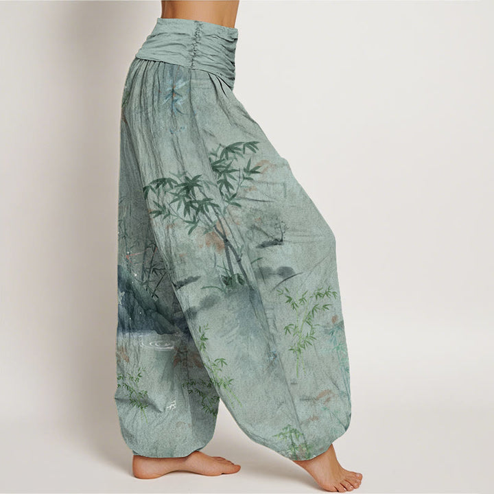 Pantalones bombachos de cintura elástica para mujer, de algodón, estilo informal, con estampado de piedras de Buddha Stones , bambú y tinta. - image 8