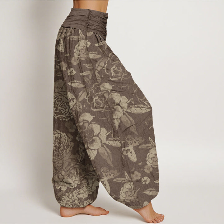 Pantalones harén con cintura elástica para mujer, informales, con diseño de flores de peonía y hojas de Buddha Stones - image 6