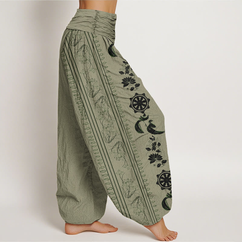 Pantalones bombachos de cintura elástica para mujer con estampado de Buddha Stones, rueda del Dharma, loto y símbolo OM. - image 5