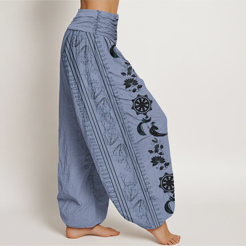 Pantalones bombachos de cintura elástica para mujer con estampado de Buddha Stones, rueda del Dharma, loto y símbolo OM. - image 1