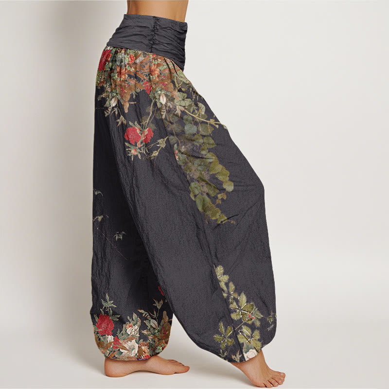 Pantalón tipo harem de cintura elástica para mujer, de algodón, estilo casual, con diseño de peonía roja y enredadera, estampado de Buddha Stones. - image 1