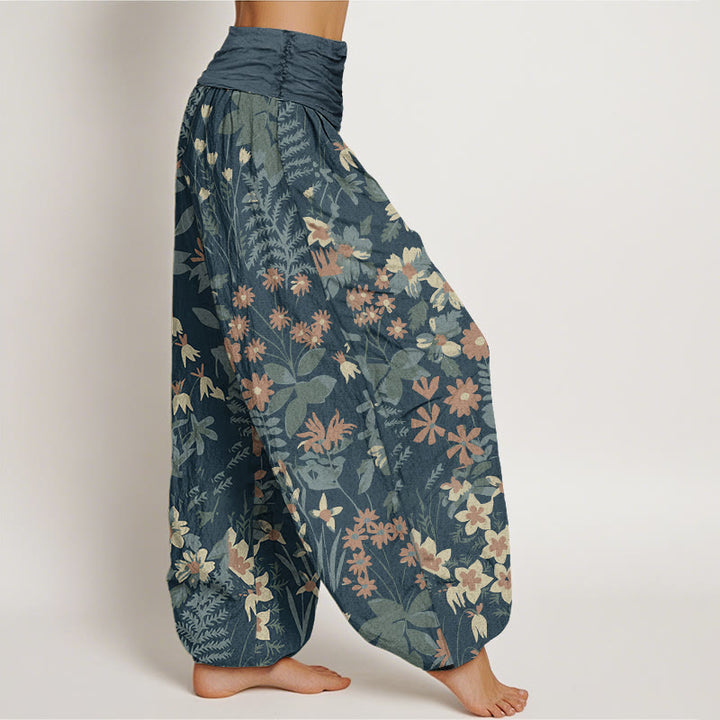 Pantalones bombachos de cintura elástica para mujer, de algodón, estilo informal, con diseño de margaritas, hojas y estampado de Buddha Stones. - image 1