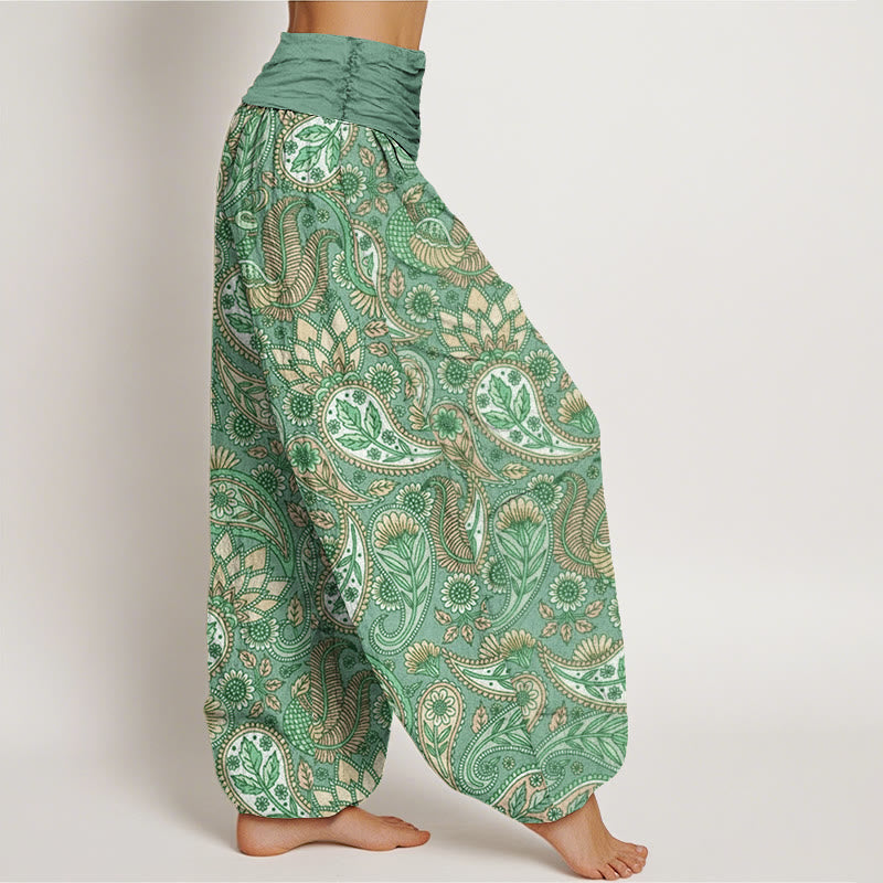 Pantalones harén con cintura elástica para mujer con diseño de flor de anacardo, pavo real y girasol y Buddha Stones - image 5