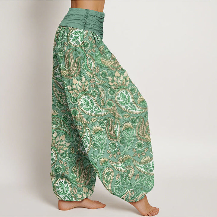 Pantalones harén con cintura elástica para mujer con diseño de flor de anacardo, pavo real y girasol y Buddha Stones - image 5