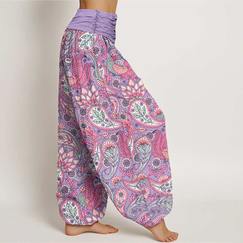 Pantalones harén con cintura elástica para mujer con diseño de flor de anacardo, pavo real y girasol y Buddha Stones - image 1