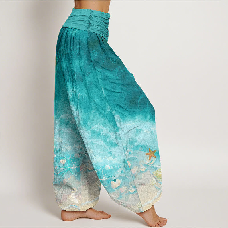 Pantalones bombachos de cintura elástica para mujer con estampado de Buddha Stones y océano infinito, de algodón. - image 1