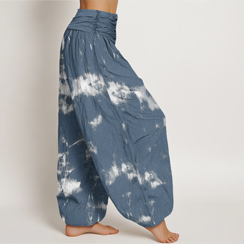 Pantalones harén con cintura elástica para mujer con estampado tie-dye de líneas blancas y lunares de Buddha Stones - image 6