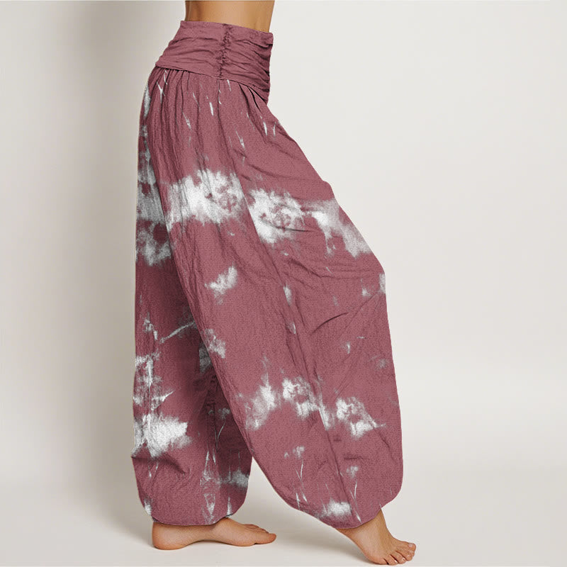 Pantalones harén con cintura elástica para mujer con estampado tie-dye de líneas blancas y lunares de Buddha Stones - image 9