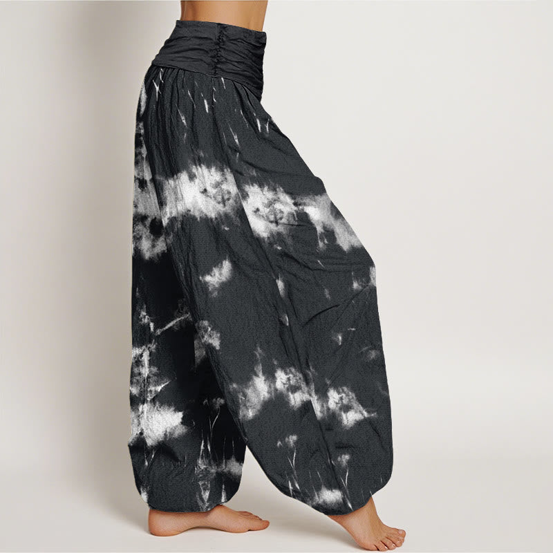 Pantalones harén con cintura elástica para mujer con estampado tie-dye de líneas blancas y lunares de Buddha Stones - image 2