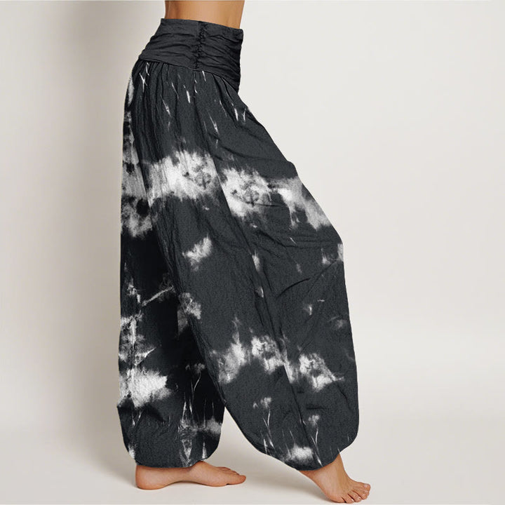 Pantalones harén con cintura elástica para mujer con estampado tie-dye de líneas blancas y lunares de Buddha Stones - image 2