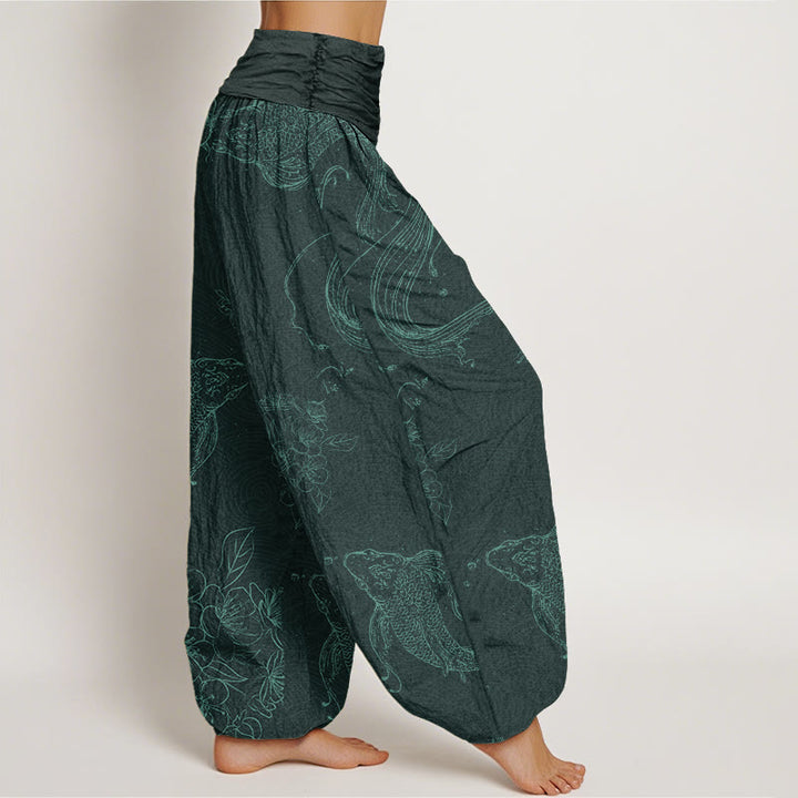 Pantalones harén con cintura elástica para mujer con estampado floral de peces koi y Buddha Stones - image 9