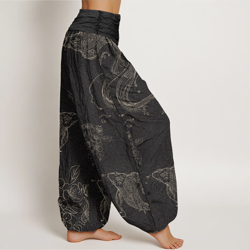 Pantalones bombachos de cintura elástica para mujer con estampado floral de peces koi y piedras de Buddha Stones , de algodón. - image 1