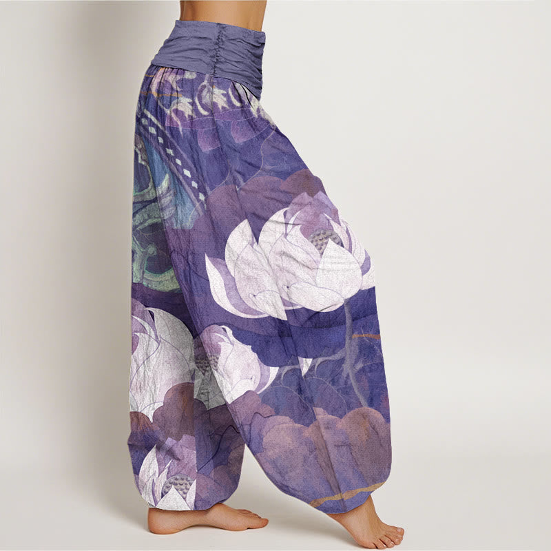 Pantalones harén informales con cintura elástica para mujer con estampado de hojas de loto blanco y Buddha Stones - image 9