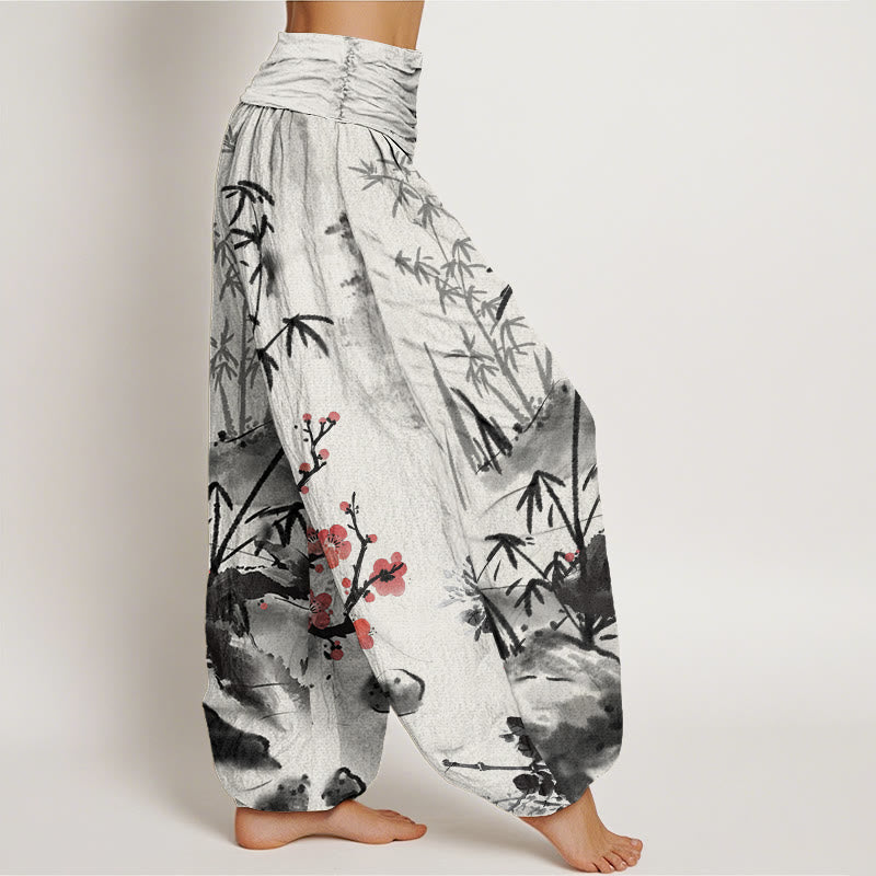 Pantalones bombachos de cintura elástica para mujer con estampado de Buddha Stones, flores de ciruelo, bambú, orquídeas y crisantemos. - image 1