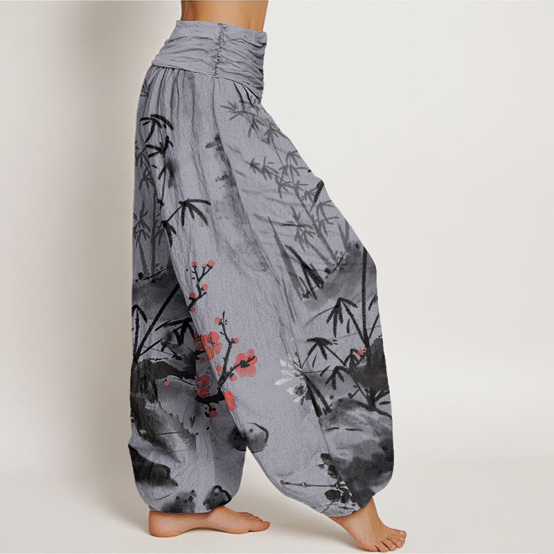 Pantalones bombachos de cintura elástica para mujer con estampado de Buddha Stones, flores de ciruelo, bambú, orquídeas y crisantemos. - image 8