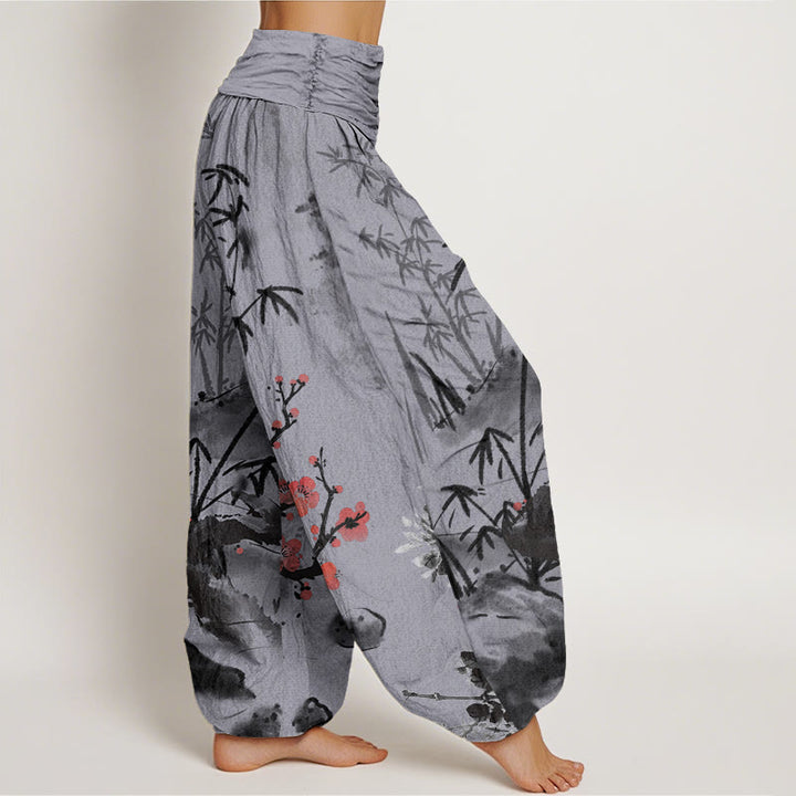 Pantalones bombachos de cintura elástica para mujer con estampado de Buddha Stones, flores de ciruelo, bambú, orquídeas y crisantemos. - image 8