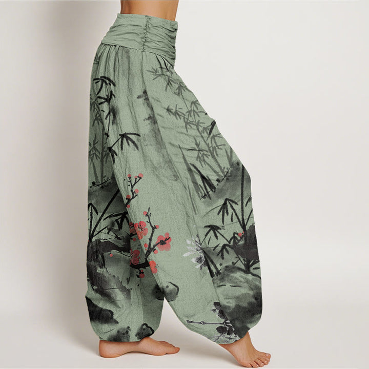 Pantalones bombachos de cintura elástica para mujer con estampado de Buddha Stones, flores de ciruelo, bambú, orquídeas y crisantemos. - image 5
