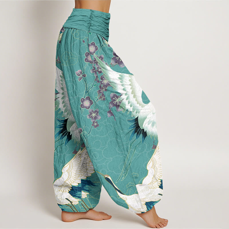 Pantalones bombachos de cintura elástica para mujer con estampado de Buddha Stones, grullas, flores y nubes auspiciosas. - image 5