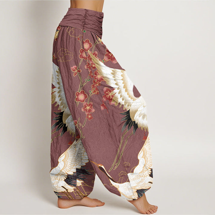 Pantalones bombachos de cintura elástica para mujer con estampado de Buddha Stones, grullas, flores y nubes auspiciosas. - image 8