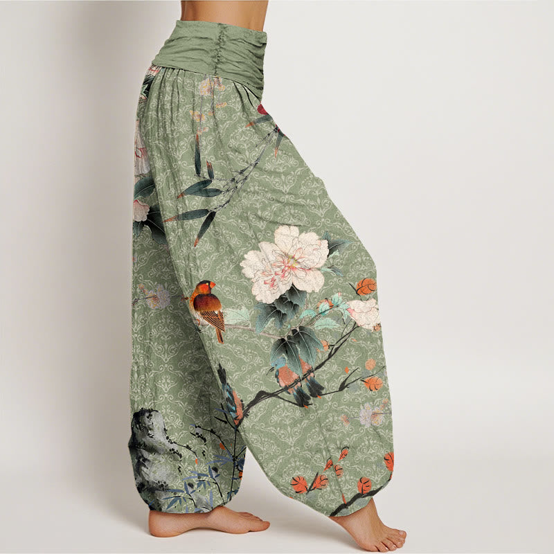 Pantalones harén con cintura elástica para mujer, diseño de mandala, ramas de flores en flor, pájaros, currucas y Buddha Stones - image 2