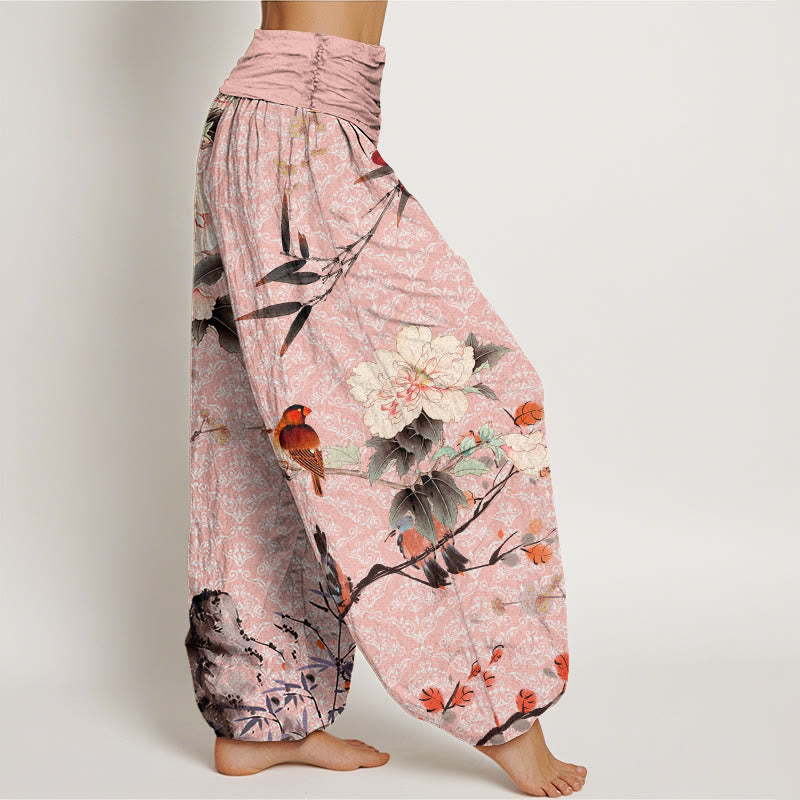 Pantalones harén con cintura elástica para mujer, diseño de mandala, ramas de flores en flor, pájaros, currucas y Buddha Stones - image 9