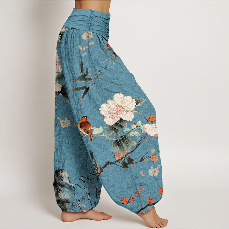 Pantalones harén con cintura elástica para mujer, diseño de mandala, ramas de flores en flor, pájaros, currucas y Buddha Stones - image 5