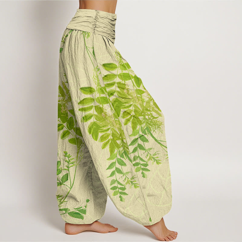 Pantalones bombachos de mujer con cintura elástica, estampado de hojas verdes, ramas y Buddha Stones en algodón. - image 2
