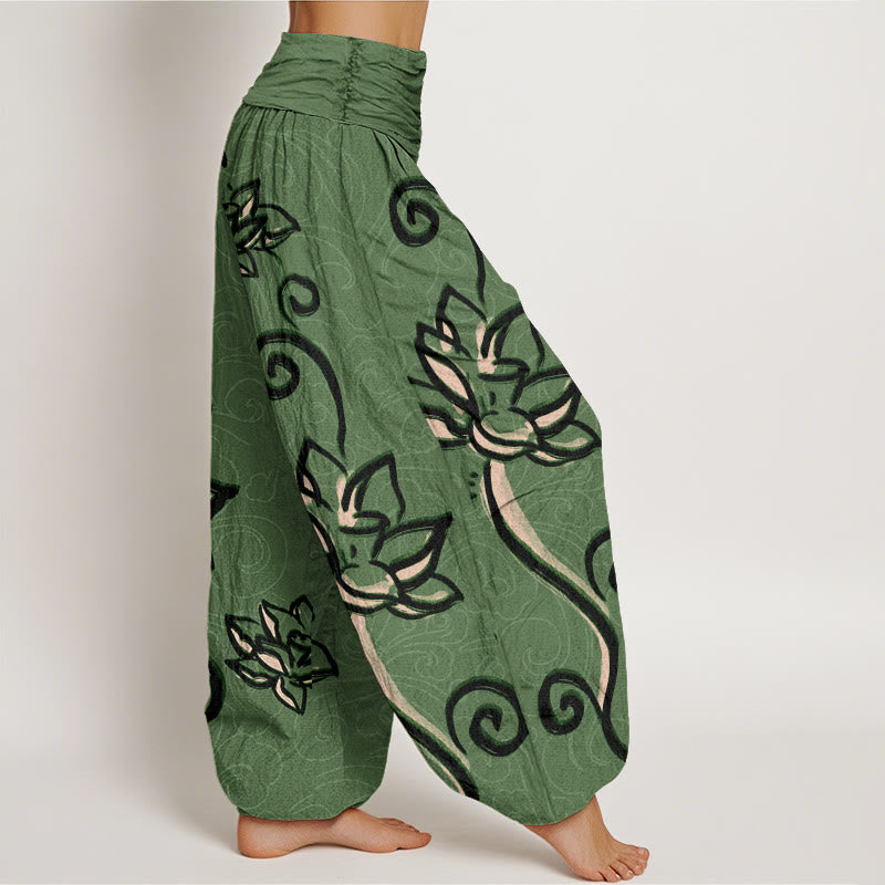 Pantalones harén con cintura elástica para mujer, diseño informal de nubes auspiciosas y Buddha Stones - image 2