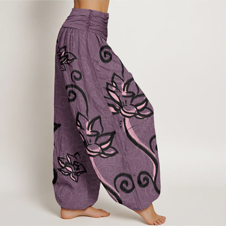 Pantalón tipo harem de cintura elástica para mujer, con diseño informal de nubes auspiciosas y Buddha Stones, de algodón. - image 9