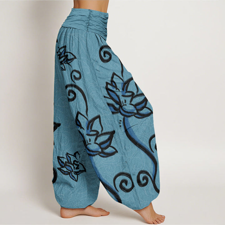 Pantalones harén con cintura elástica para mujer, diseño informal de nubes auspiciosas y Buddha Stones - image 6